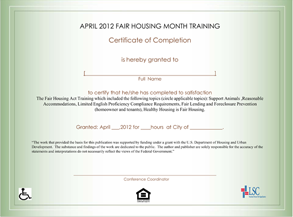 April 2012 Fair Housing Month Training Certificate of Completion